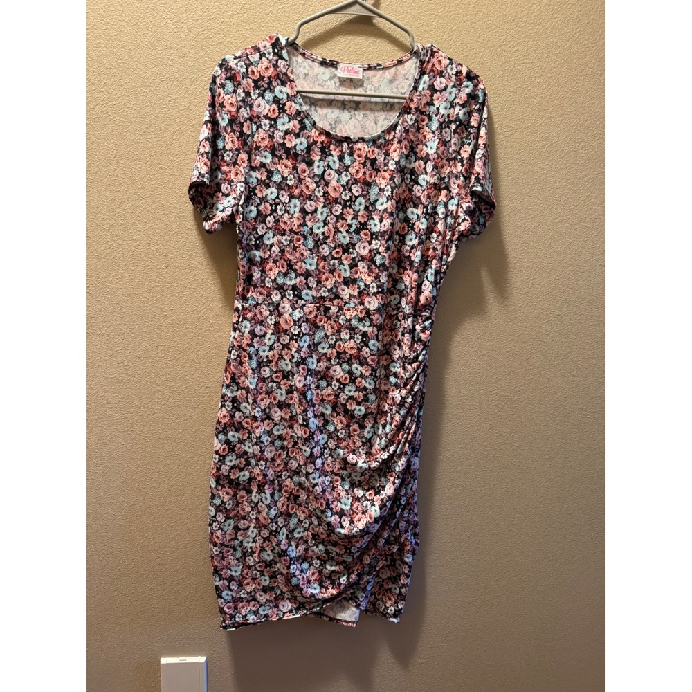 Pulse Boutique Floral Ruched‎ Side Tulip Hem Sheath Dress Pink Blue Large P16042